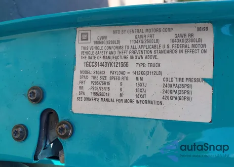 2000 Chevrolet S-10 Ls from USA, damaged, VIN 1GCCS1443YK121566